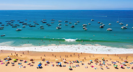 A bustling aerial view captures a vibrant summer beach scene with numerous vacationers enjoying the sun and swimming in the clear blue ocean, while many boats dot the horizon.の素材