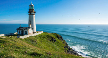 A picturesque scene featuring a prominent white lighthouse and a small accompanying structure situated on a lush green cliff. The serene deep blue ocean stretches to the horizon under a bright clear sky, with subtle waves breaking against the rocky base of the cliff.の素材