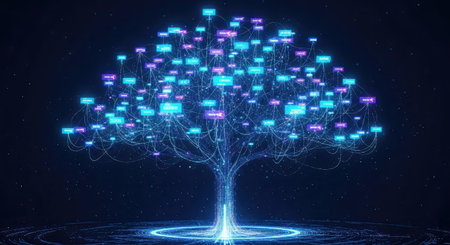 A futuristic digital tree composed of glowing interconnected nodes and lines, representing the vastness of data networks and the growth of information technology. This concept illustrates big data, artificial intelligence, and global communication.の素材
