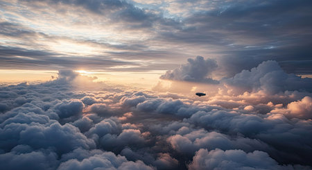An airship navigates serenely above a vast expanse of cumulus clouds, illuminated by the warm glow of the rising sun. Sunbeams break through the cloudy sky, creating a breathtaking and peaceful aerial view.の素材