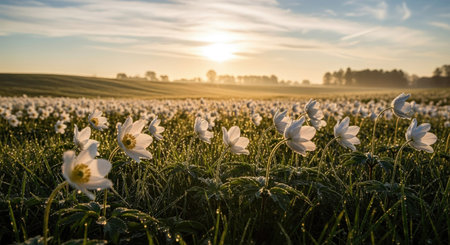 An expansive field of delicate white wood anemone flowers is beautifully illuminated by the golden light of a sunrise. Each blossom and blade of grass is adorned with glistening morning dew, creating a serene and ethereal landscape scene.の素材