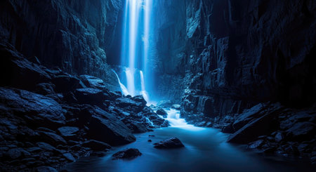 A vibrant blue waterfall dramatically cascades into a dark, rugged cave, illuminating the subterranean landscape with a mystical glow. This awe-inspiring natural wonder evokes a sense of mystery and tranquility.の素材