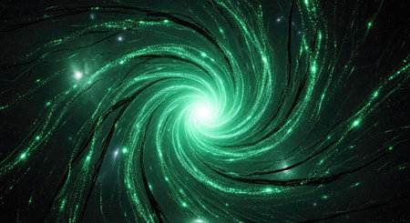 A luminous green swirling vortex emanates powerful light and energetic lines from its core. This powerful visual represents concepts of energy, motion, and cosmic phenomena.の素材