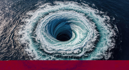 An immense natural ocean whirlpool creates a captivating vortex of rapidly swirling water. The aerial perspective highlights the dynamic movement of the deep blue water and frothy white foam.の素材