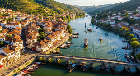 An aerial perspective captures a beautiful old town with traditional architecture and a historic stone bridge spanning a winding river. Numerous boats navigate the sunlit waterway, all surrounded by lush green mountains.の素材