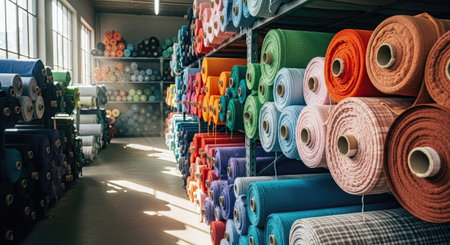 Countless rolls of colorful textiles are meticulously arranged on extensive shelving systems within a spacious commercial storage facility. The diverse range of fabrics suggests a busy production or distribution hub for the garment industry.の素材