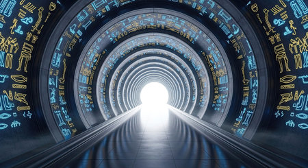 A captivating perspective of a dark ancient-futuristic tunnel adorned with glowing blue and gold hieroglyphics, drawing the viewer towards a bright light at the far end.の素材