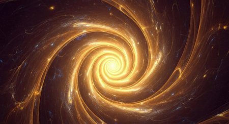 A golden glowing spiral vortex expands from a brilliant central light source, illustrating a powerful cosmic phenomenon or an entrance to an unknown dimension. This radiant background evokes feelings of mystery, energy, and the vastness of the universe.の素材