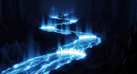 Luminous blue river flows through a dark, rugged canyon, casting an ethereal glow on the surrounding rock formations, creating a mysterious nocturnal scene.の素材