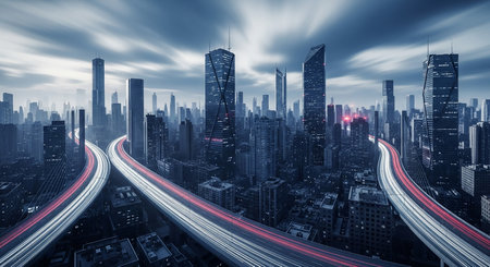 Highway traffic in the city at night, 3D rendering.の素材