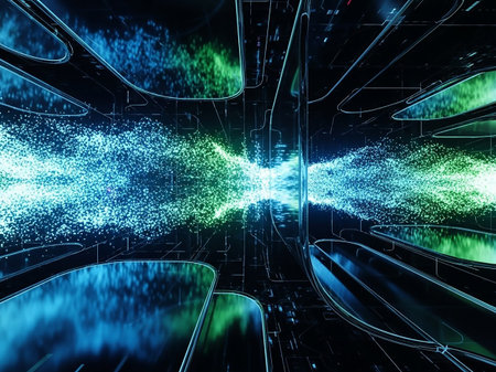 Abstract technology background with glowing lines and dots. 3D Renderingの素材