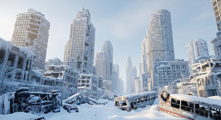 A desolate post-apocalyptic winter scene depicts a ruined city covered in thick snow. Destroyed skyscrapers and abandoned vehicles are scattered amidst the debris, evoking a sense of desolation and a world transformed.の素材