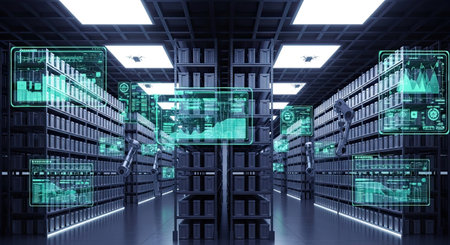 An advanced automated warehouse interior features glowing holographic data interfaces displaying business analytics and robotic arms for digital logistics. This visualizes modern inventory management, supply chain technology, and future of commerce.の素材