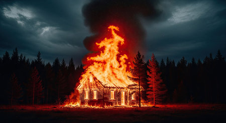 A wooden house is completely engulfed in a massive, destructive fire, with bright orange flames consuming the structure and thick smoke rising into the dark, cloudy night sky. The intense scene is set against a dense forest backdrop, highlighting a devastating emergency.の素材