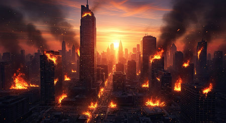 A city skyline is engulfed in massive fires and plumes of dark smoke under a dramatic, fiery sunset sky. This scene depicts widespread urban devastation and a catastrophic disaster.の素材