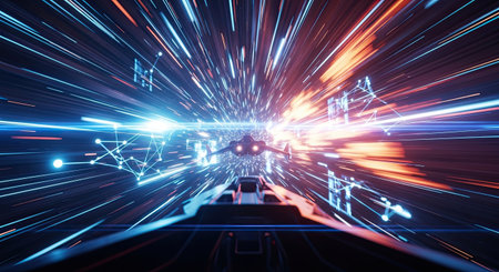 A futuristic spacecraft propels itself through a vibrant tunnel of light, symbolizing rapid technological advancement and digital connectivity, ideal for concepts of internet speed or future travel.の素材