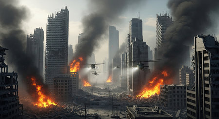 Devastated city skyline engulfed in flames and thick smoke, with military helicopters flying low over the destroyed urban landscape. The scene depicts widespread destruction and the aftermath of a catastrophic event or conflict.の素材