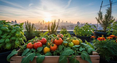 A thriving rooftop garden showcases ripe tomatoes, fresh herbs, and marigold flowers. This lush urban farm provides fresh produce, set against a distant city skyline under a golden sunset, promoting sustainable living.の素材