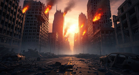 An apocalyptic city street lies in ruins under a dramatic orange sky, with crumbling buildings and burning structures dominating the desolate urban environment.の素材