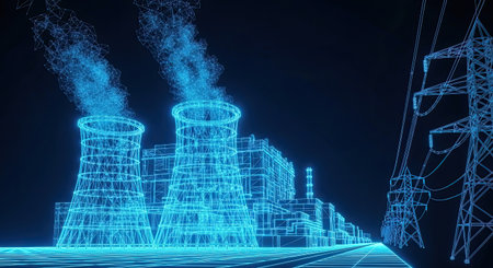 A futuristic wireframe rendering of an industrial power generation facility featuring cooling towers emitting illuminated vapor and electricity transmission lines against a dark background.の素材