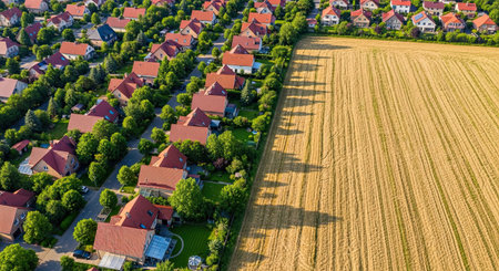 An overhead drone shot captures the striking contrast between a densely populated suburban area and expansive farmland. The image highlights urban expansion and land use.の素材
