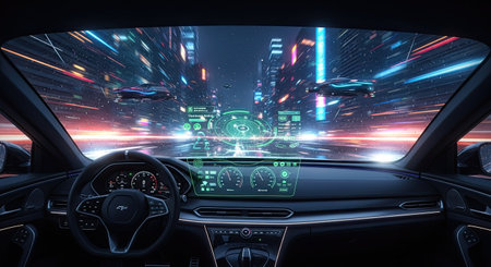 View from a modern car interior with a holographic head-up display. A futuristic city with flying vehicles and neon lights speeds by at night, depicting advanced urban technology.の素材