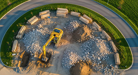 An aerial view captures a yellow excavator diligently working on a developing construction site, surrounded by neatly stacked building supplies and mounds of earth.の素材