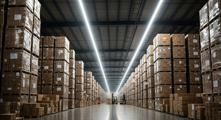 The spacious interior of a modern industrial warehouse features numerous stacks of brown cardboard boxes, neatly arranged under bright linear ceiling lights, representing efficient inventory management and global distribution.の素材