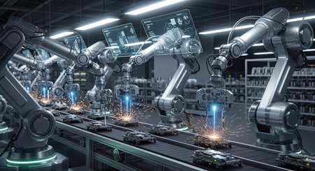 Automated robotic arms precisely weld components on a conveyor belt within a high-tech factory, symbolizing efficiency and innovation in manufacturing and industrial automation.の素材