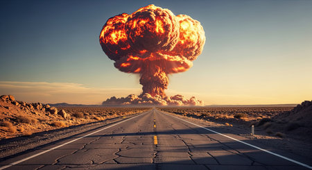 A colossal mushroom cloud explosion dominates a barren desert environment, with a long, damaged road stretching into the distance towards the epicenter of the devastating blast. This powerful imagery conveys themes of destruction and immense force.の素材