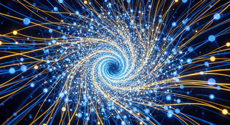 A mesmerizing swirling vortex tunnel formed by glowing blue and yellow light trails and particles, symbolizing high-speed data transfer and interconnected digital networks. This visual illustrates concepts of big data, global communication, and technological advancement.の素材