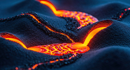 Molten lava glows brightly as it streams through dark, uneven volcanic ground. This powerful geological activity showcases the raw energy of Earth's interior.の素材