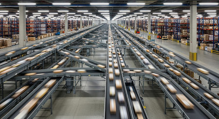 An expansive industrial warehouse featuring a sophisticated network of automated conveyor belts efficiently moving countless parcels. This image highlights advanced logistics and supply chain management.の素材