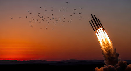 Multiple rockets ascend into the vibrant orange and red sunset sky, leaving bright fiery trails. A flock of small birds flies across the frame, adding a sense of scale and natural contrast to the powerful launch.の素材