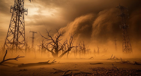 A massive dust storm sweeps across a barren, parched landscape featuring prominent electricity transmission towers and skeletal dead trees. This powerful image evokes themes of environmental degradation, climate change, and the harsh realities of a world facing ecological crisis.の素材