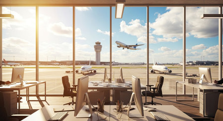A contemporary office space provides a panoramic view of an active airport, showcasing a commercial airliner departing, parked aircraft, and the control tower against a clear blue sky.の素材
