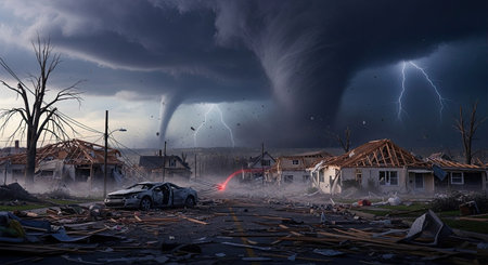 A catastrophic natural disaster unfolds as multiple massive tornadoes tear through a residential area, flattening homes and scattering wreckage under a dramatic, lightning-filled storm sky.の素材