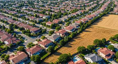 An expansive aerial perspective captures a well-established suburban community with rows of houses, neatly organized streets, and green foliage, bordering a large open field.の素材