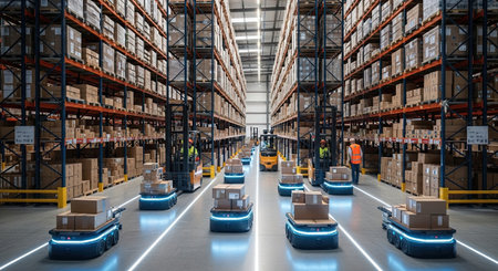 Autonomous mobile robots efficiently move packages within a contemporary warehouse environment. This scene illustrates advanced automation in logistics, showcasing smart supply chain solutions.の素材