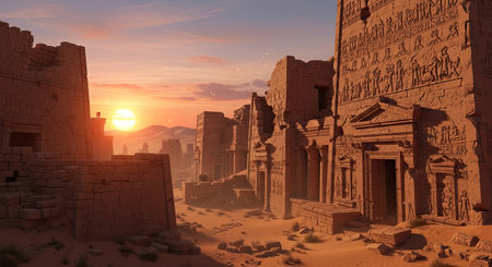 Ancient ruins of a desert civilization stand majestically under a vibrant sunset, with weathered stone buildings and hieroglyphic details telling tales of a bygone era.の素材