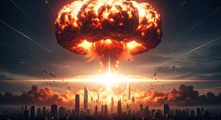 A devastating mushroom cloud rises high above a modern city, illuminated by a brilliant flash, symbolizing widespread destruction and global conflict.の素材