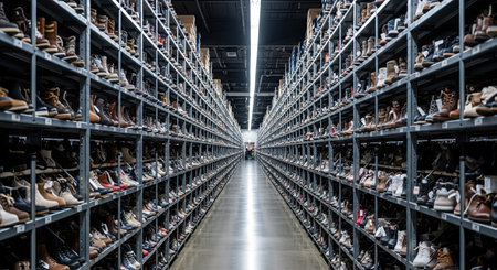 An expansive view inside a large distribution center shows countless pairs of boots and shoes neatly arranged on tall metal shelves, emphasizing the extensive inventory and efficient storage of a retail operation.の素材