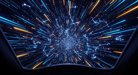 A dynamic perspective through a glowing tunnel of light, showcasing fast-moving data particles and interconnected networks, representing themes of technology and speed.の素材