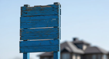 An old blue wooden signpost featuring horizontal planks stands prominently in the foreground. The empty sign provides ample space for custom messages or directions, with a blurred residential building in the distance.の素材