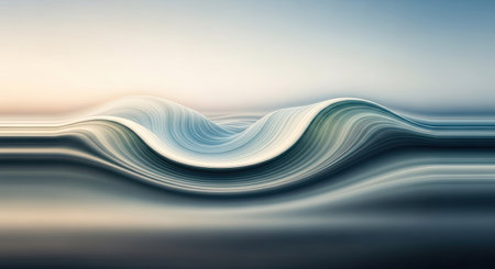 A smooth and fluid wave pattern emerges from a horizon line, showcasing tranquil aquatic movement with gentle gradients of blue, green, and sand colors.の素材