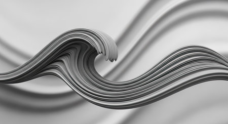 An elegant flowing wave rendered in grayscale tones features smooth layered ribbons, creating a captivating visual representation of motion and fluidity.の素材