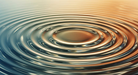 Concentric ripples emanate from a central point on a calm water surface, creating an elegant and mesmerizing pattern. The liquid reflects a soft gradient of blue and orange light, suggesting themes of peace, fluidity, and motion.の素材