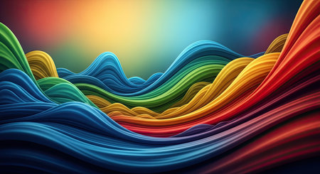 A vibrant scene features undulating waves of colorful lines, showcasing a smooth transition of hues from cool blues to warm reds. This fluid visual evokes a sense of movement and harmony.の素材