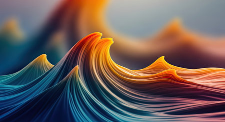 Dynamic colorful waves feature a smooth gradient transition from deep blues and greens to warm oranges and yellows. This energetic fluid motion creates an engaging visual background.の素材
