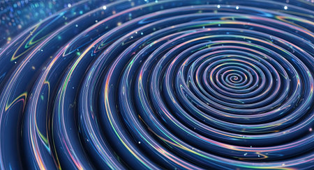 A captivating visual of deep blue concentric circles forming a dynamic tunnel. This image features shimmering light trails and scattered luminous particles, ideal for technology or science-related backgrounds.の素材